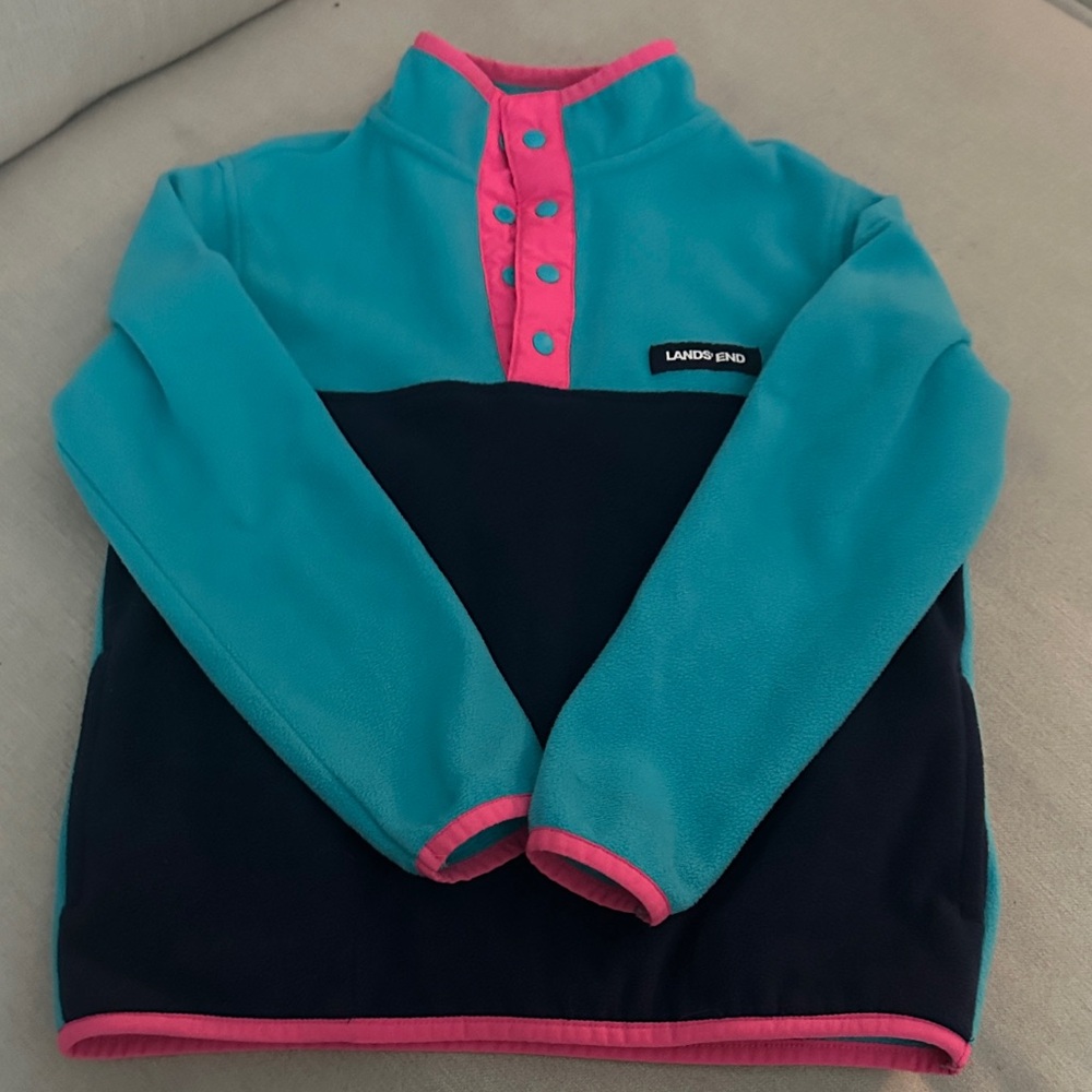 Lands' End Teal & Navy Fleece Pullover with Pink Trim 6-7